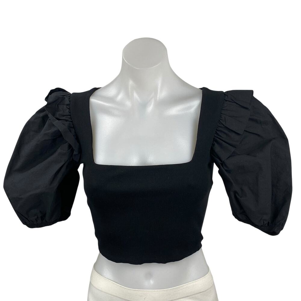 Zara Women's Black Puff Sleeve Square Neck Ribbed Knit Cropped Blouse Top Sz S